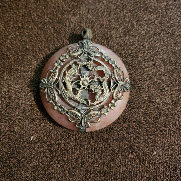 1900 Antique Imperial Jade Dragon & Butterfly Disk Pendant - Picture 2 of 2